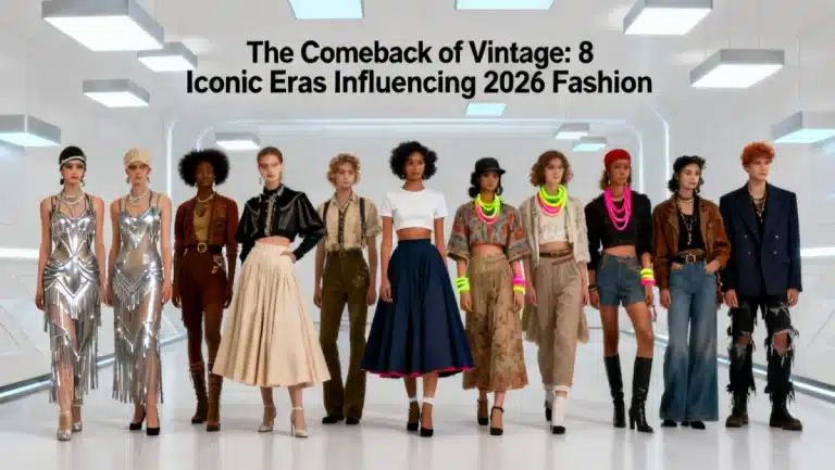 Models displaying diverse vintage fashion eras influencing 2026 styles